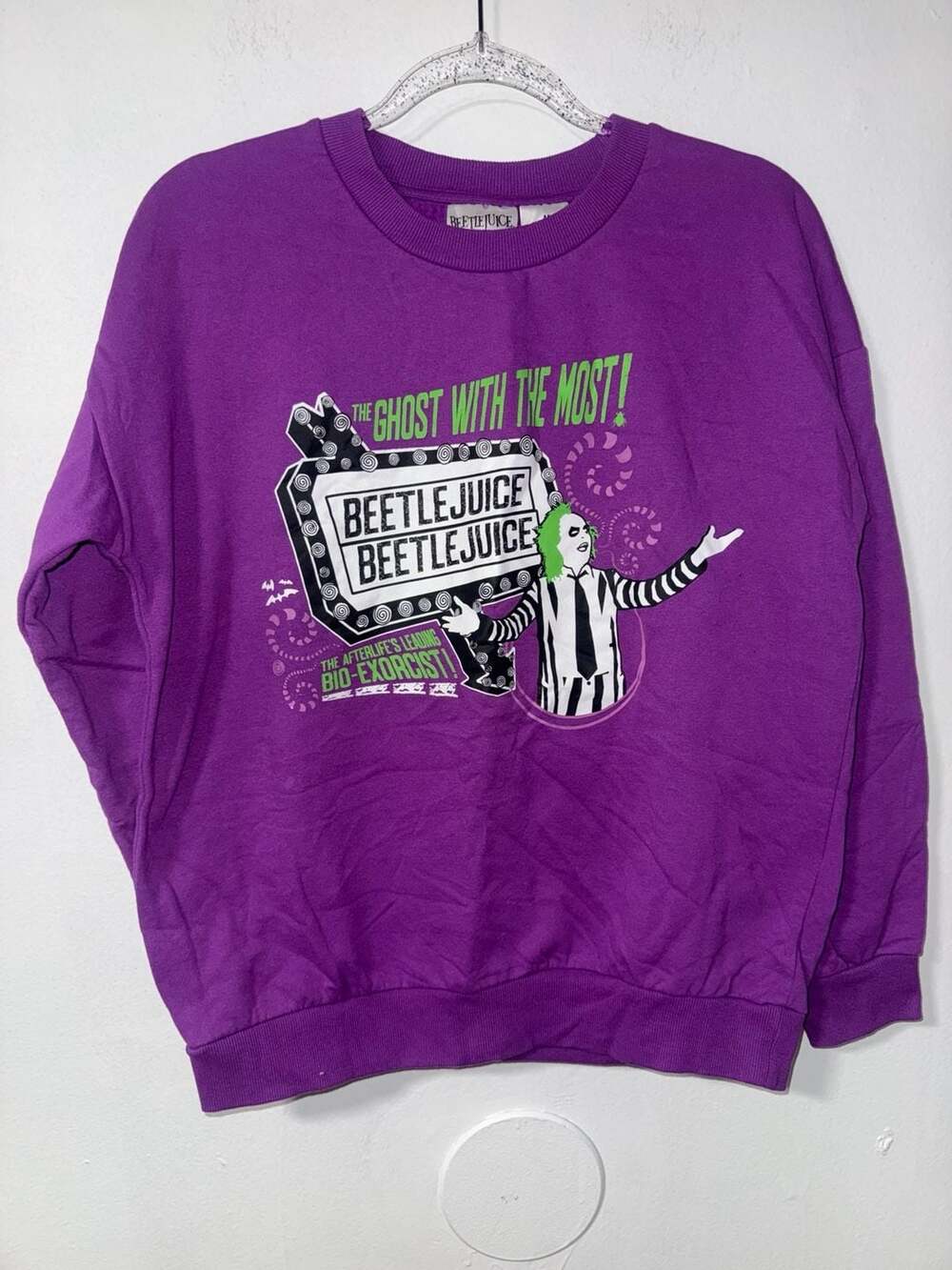 Beetlejuice "The Ghost with the Most!" Purple Graphic Crewneck Sweatshirt
